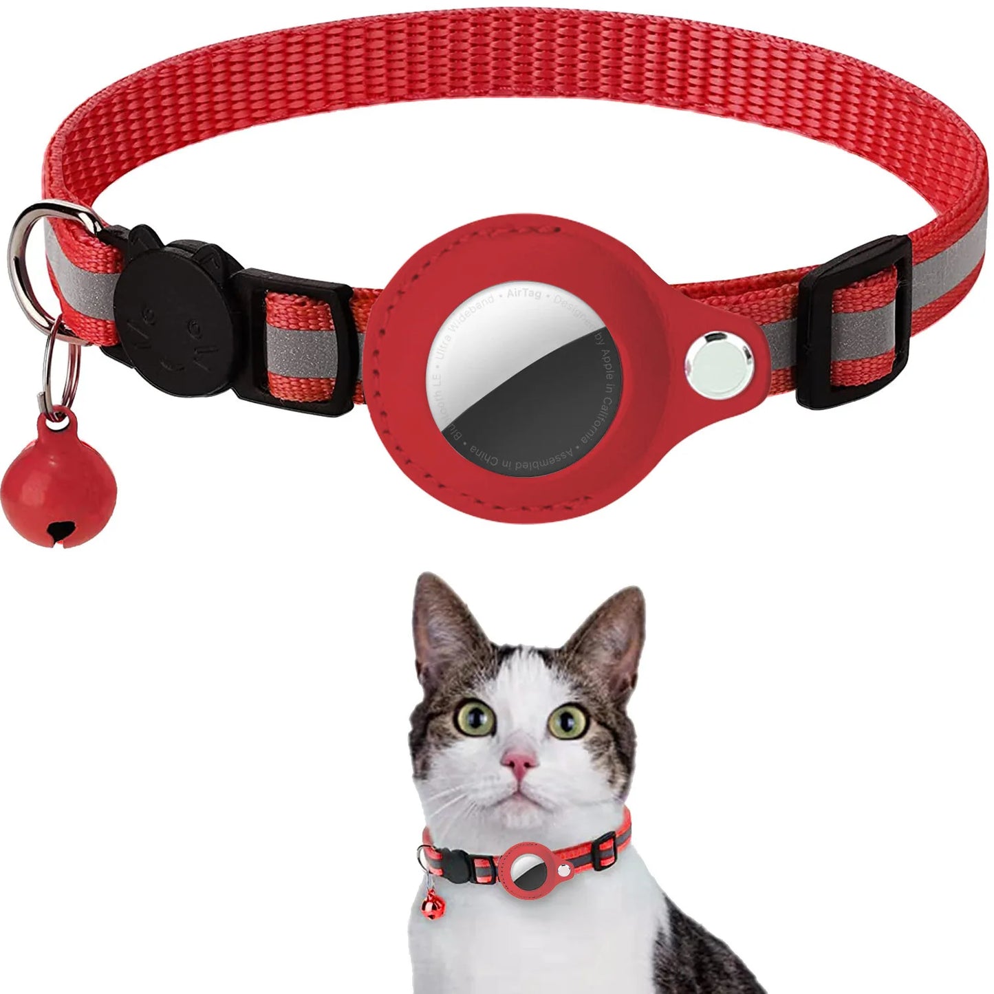 Red adjustable pet AirTag holder collar