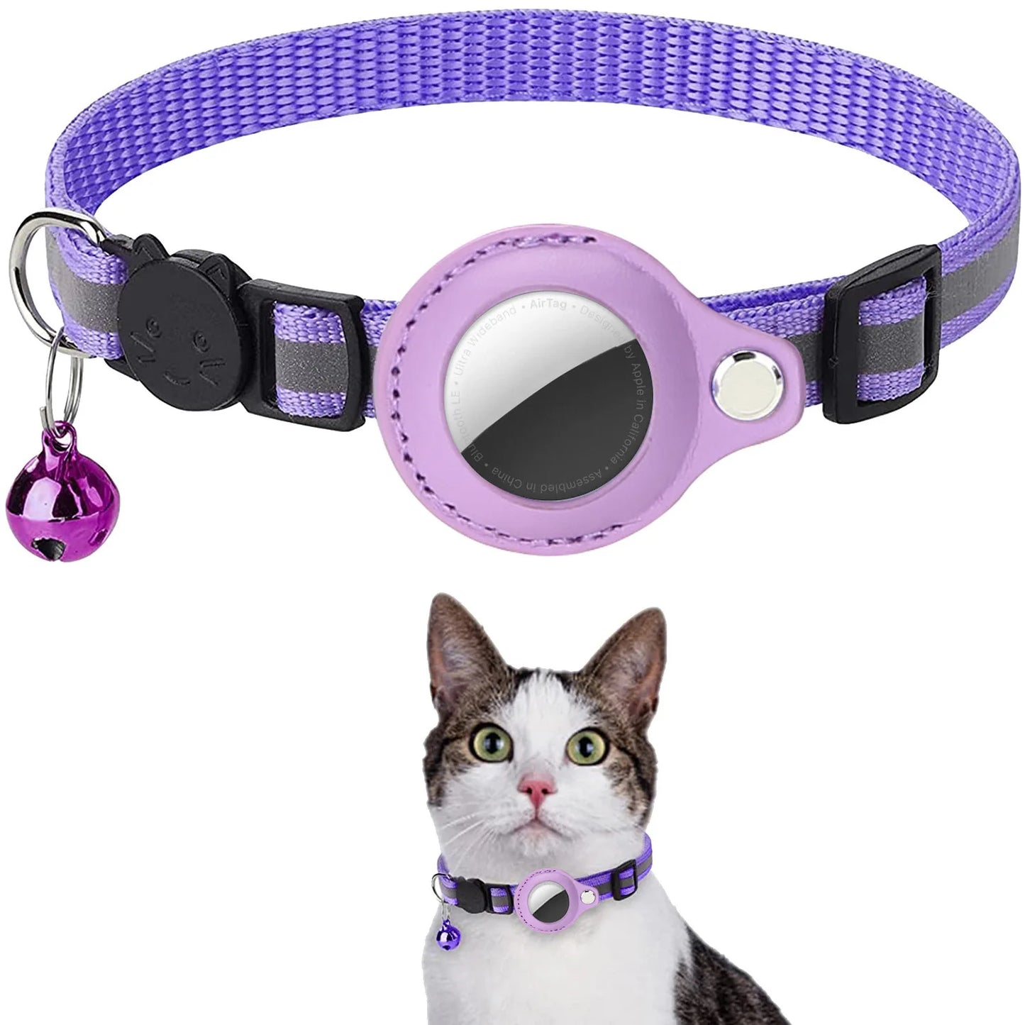 purple adjustable pet AirTag holder collar