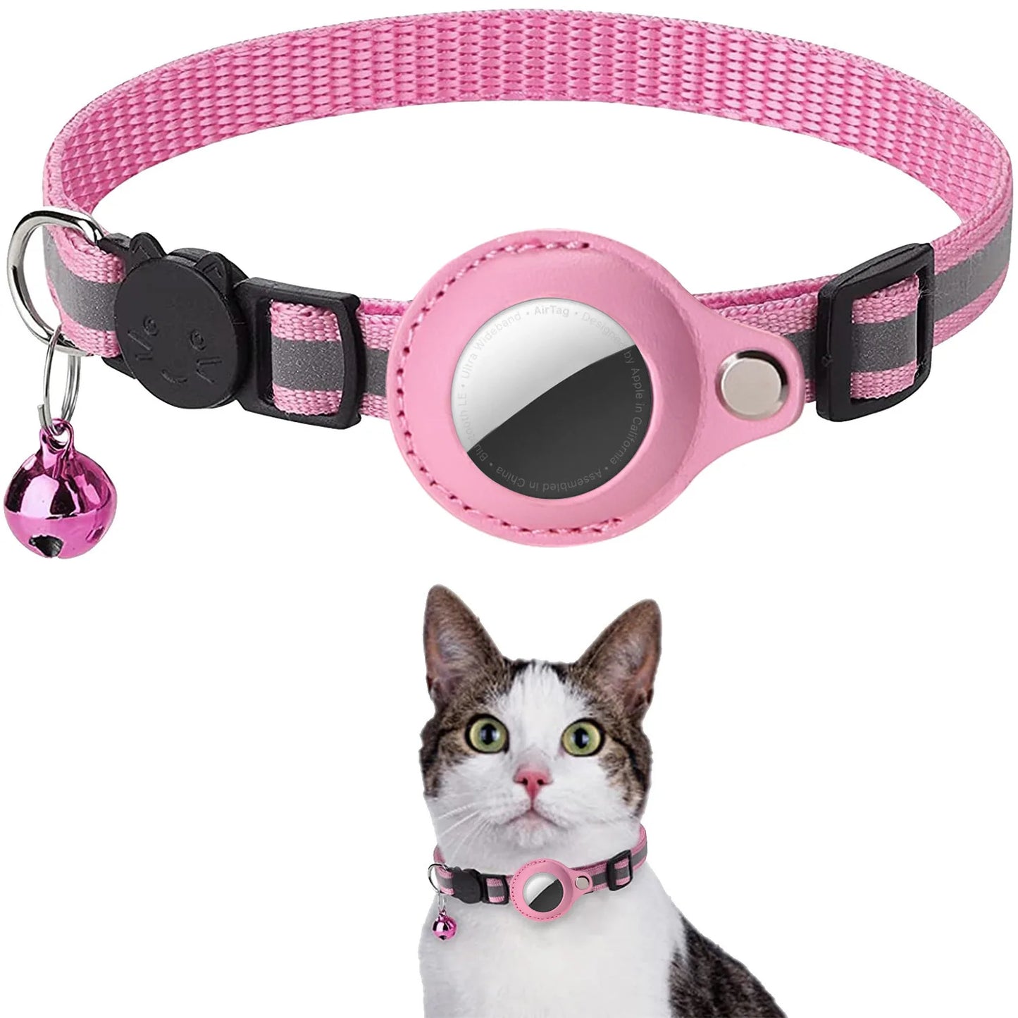 Pink adjustable pet AirTag holder collar