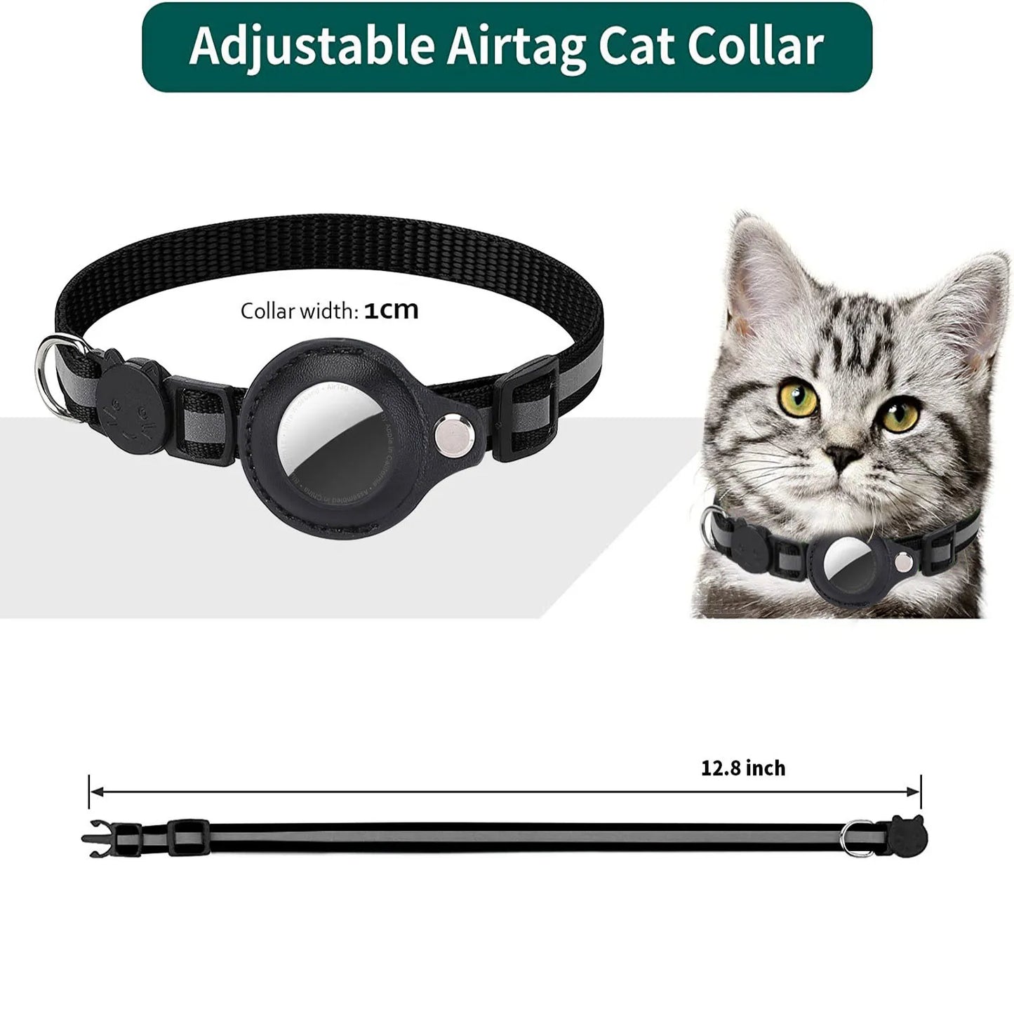 Black adjustable pet AirTag holder collar