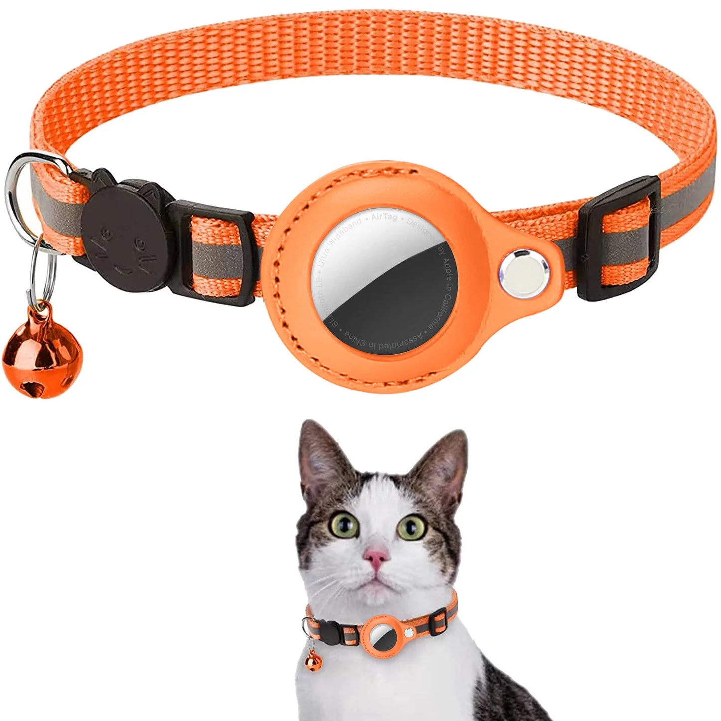 Orange adjustable pet AirTag holder collar