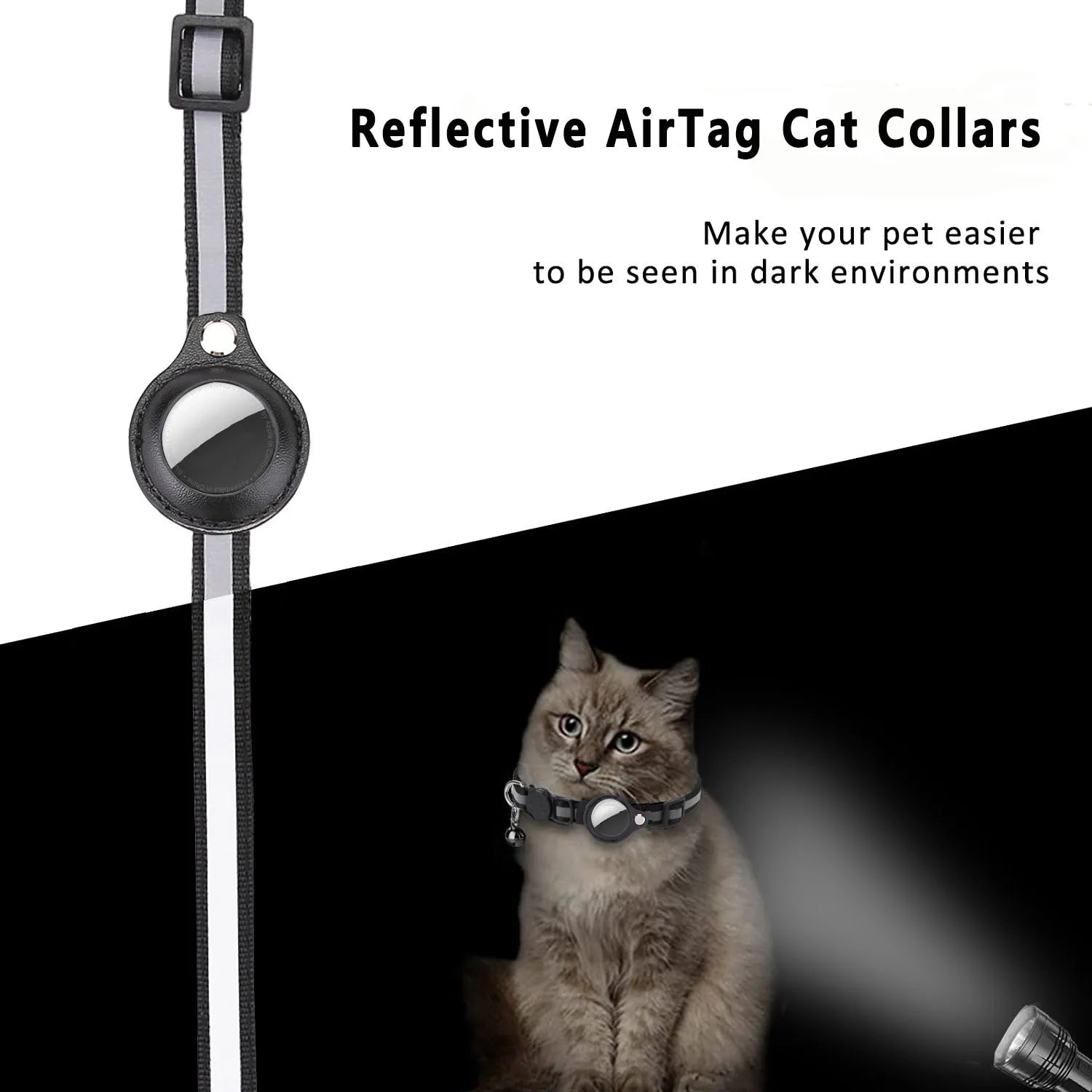 Black adjustable pet AirTag holder collar 