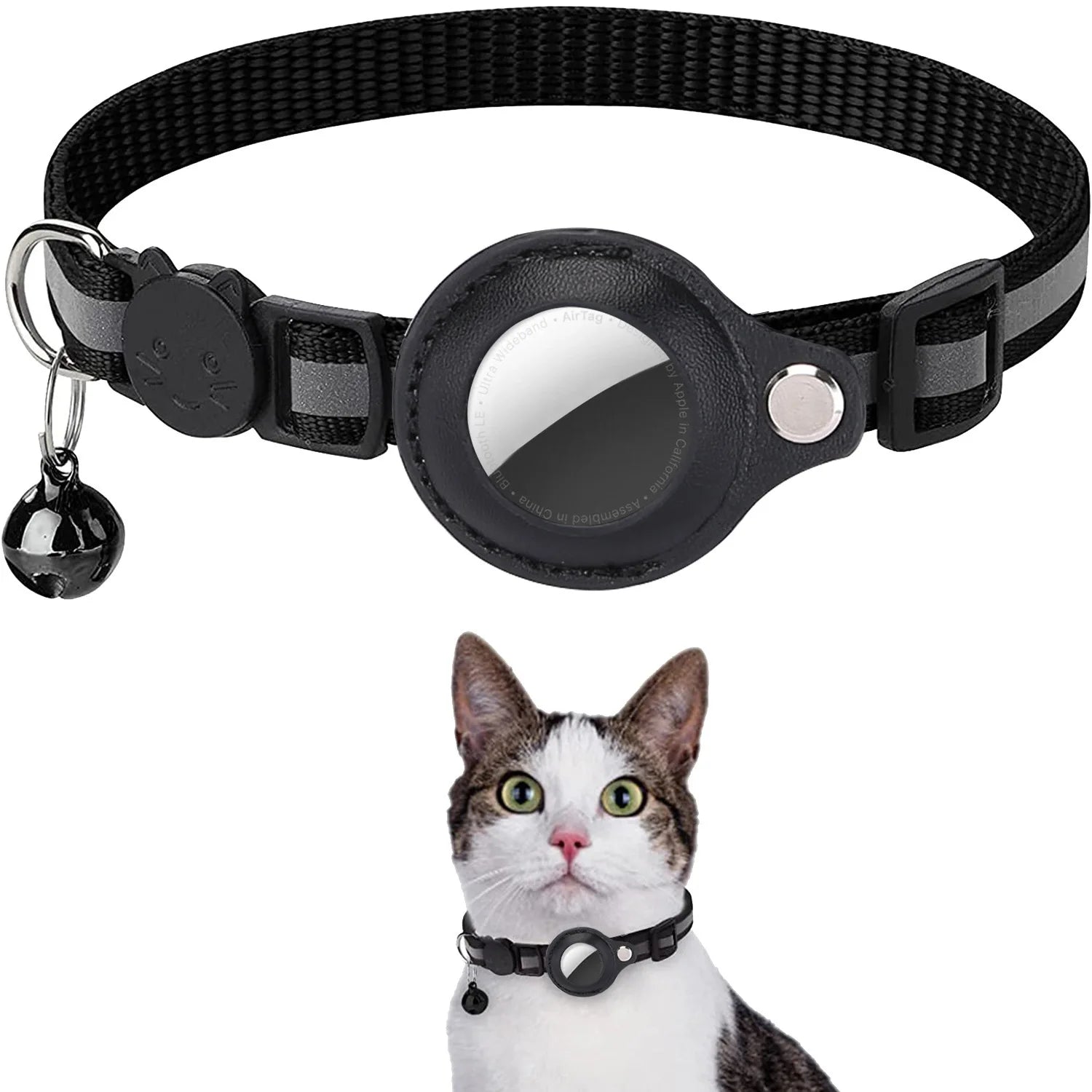 Black adjustable pet AirTag holder collar 