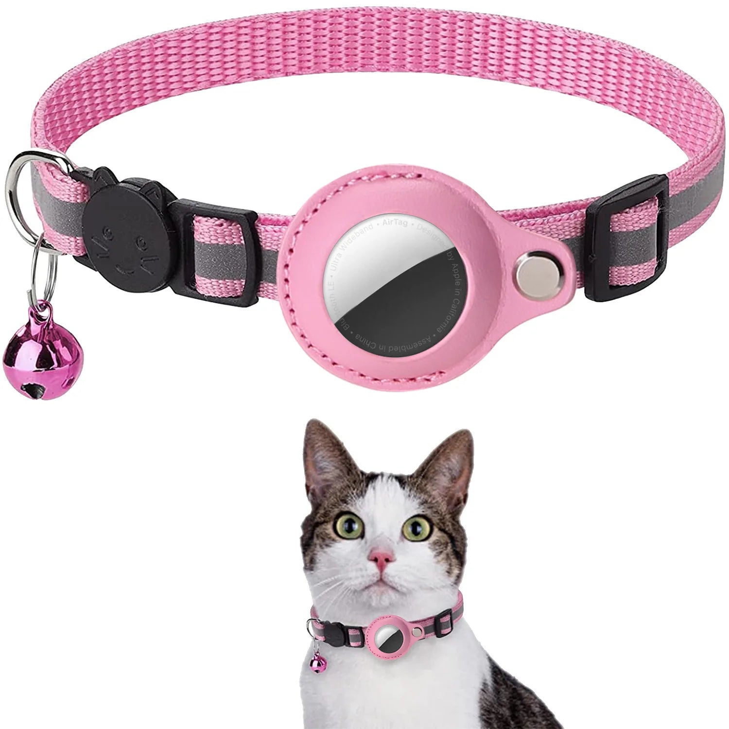 Pink adjustable pet AirTag holder collar 