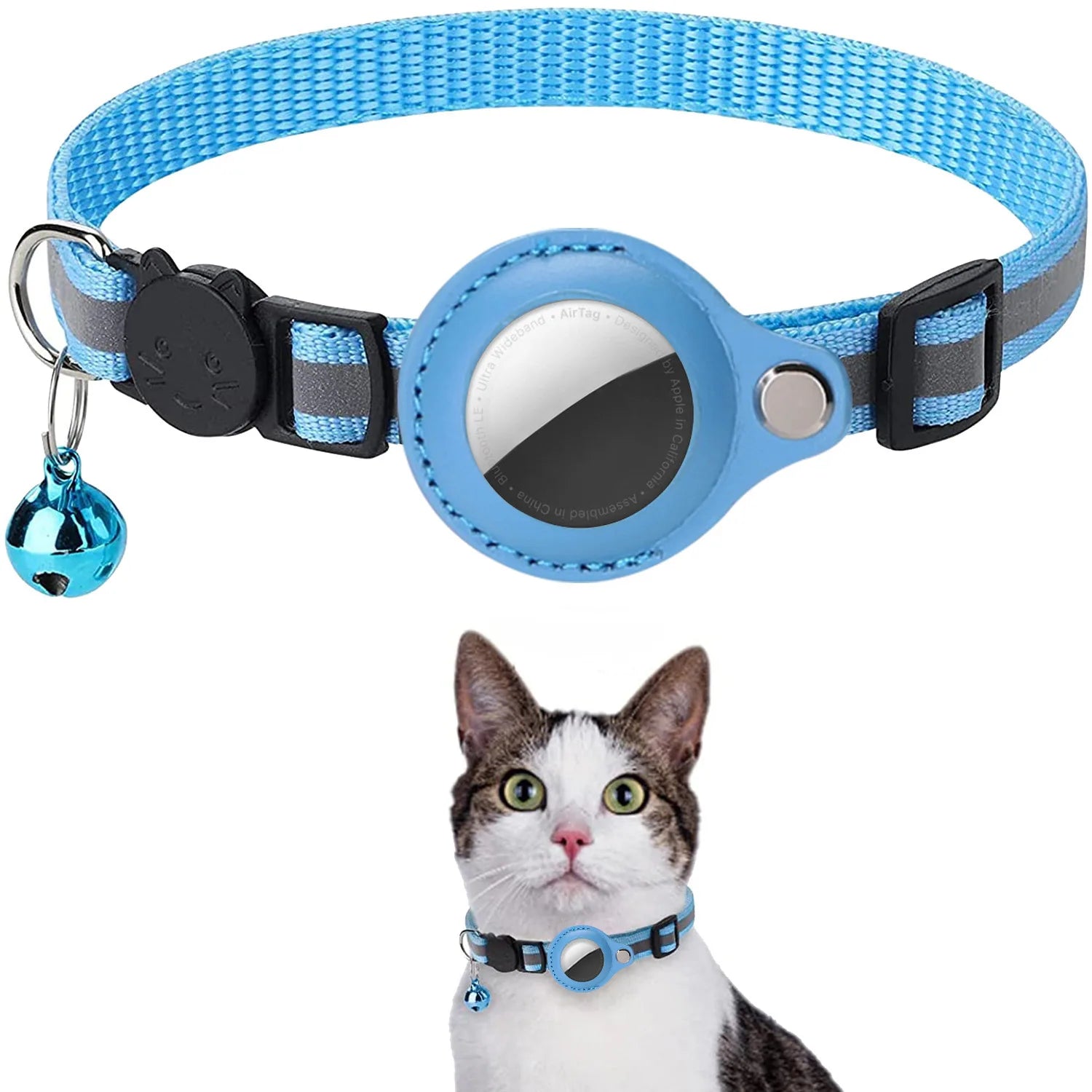 Blue adjustable pet AirTag holder collar 