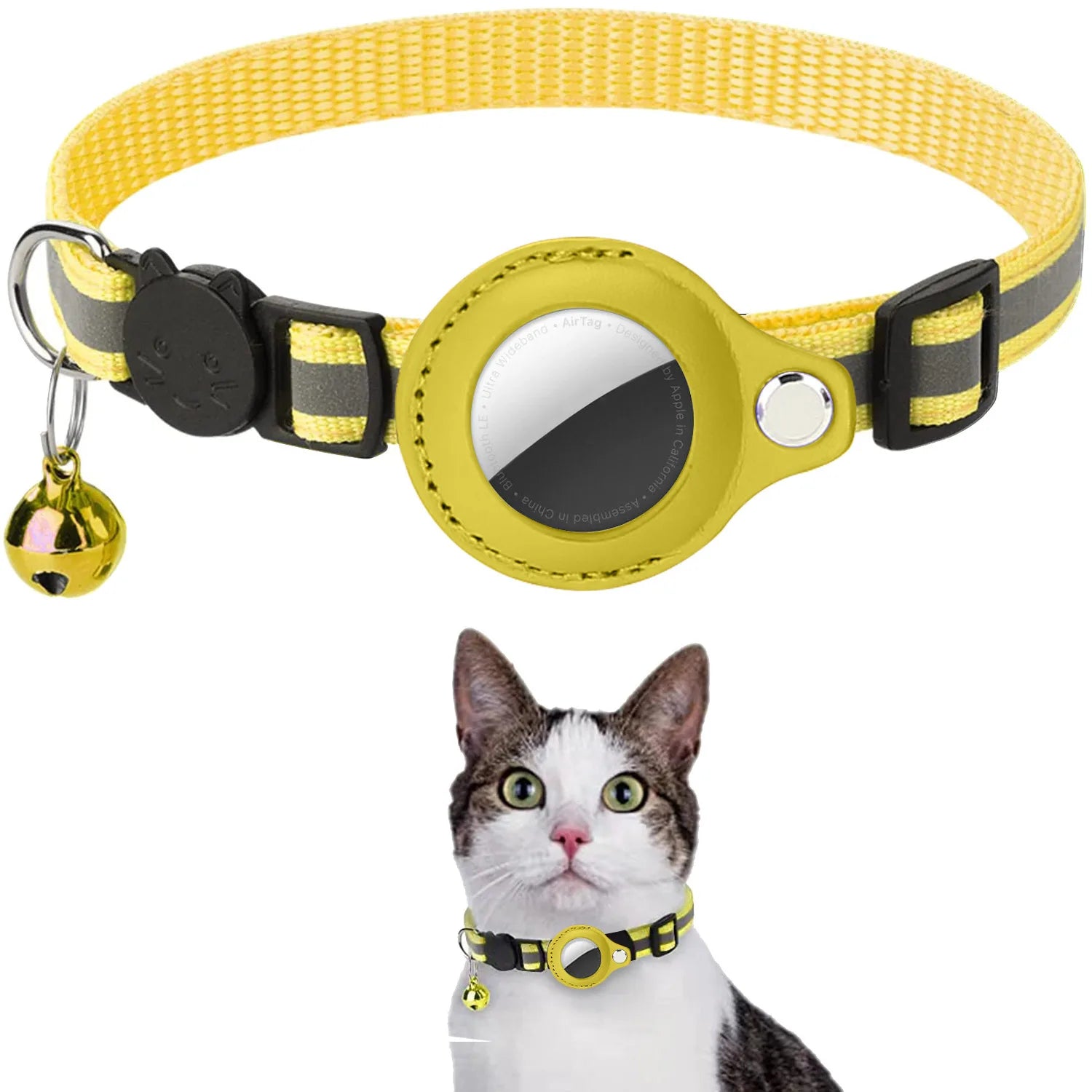 Yellow adjustable pet AirTag holder collar 