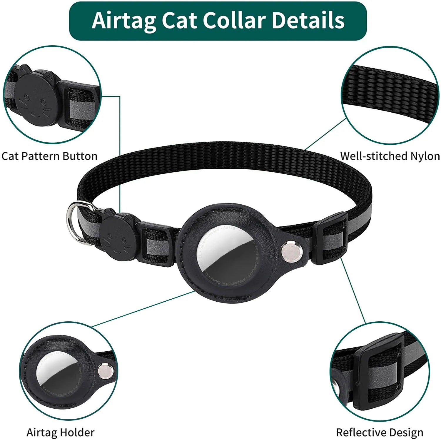 Black adjustable pet AirTag holder collar 